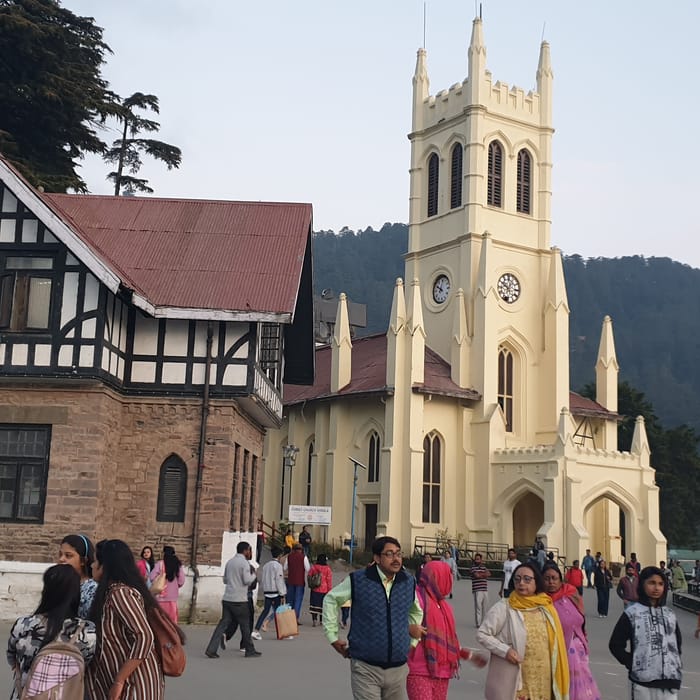 The Ridge and Christ Church in Shimla with the Himalaya behind