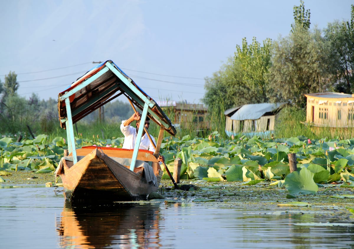 Kashmir Tour Package — A shikara carrying visitors across Dal Lake in Srinagar at sunset